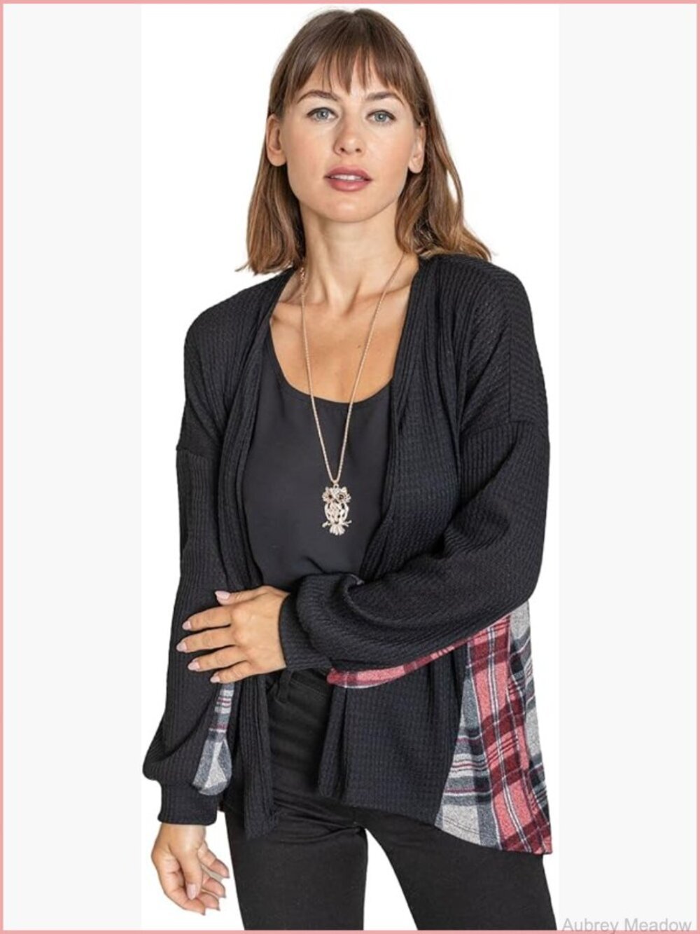 Waffle Knit Pleated Plaid Back Open Cardigan Women's Plus Size S-3X
